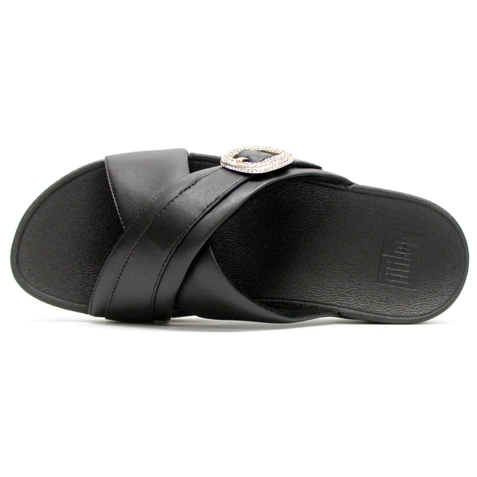 FitFlop Lulu Crystal Buckle Cross Slides Leather Womens Sandals#color_black