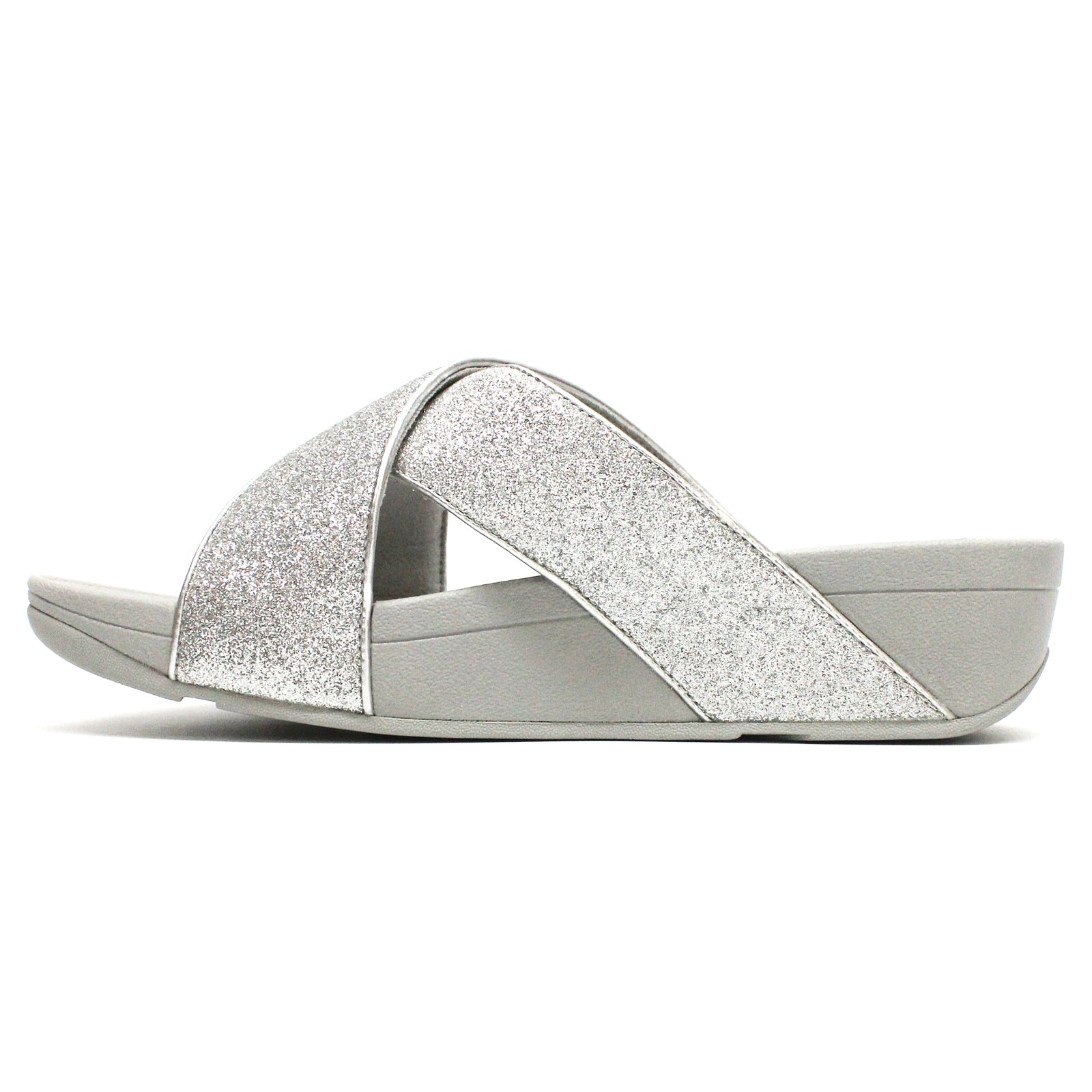 FitFlop Lulu Glitterdust Cross Slides Synthetic Leather Womens Sandals#color_silver