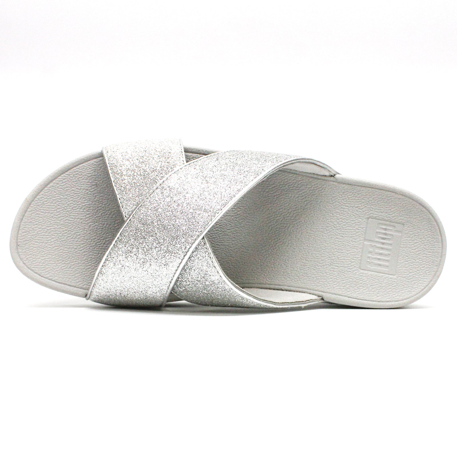 FitFlop Lulu Glitterdust Cross Slides Synthetic Leather Womens Sandals#color_silver