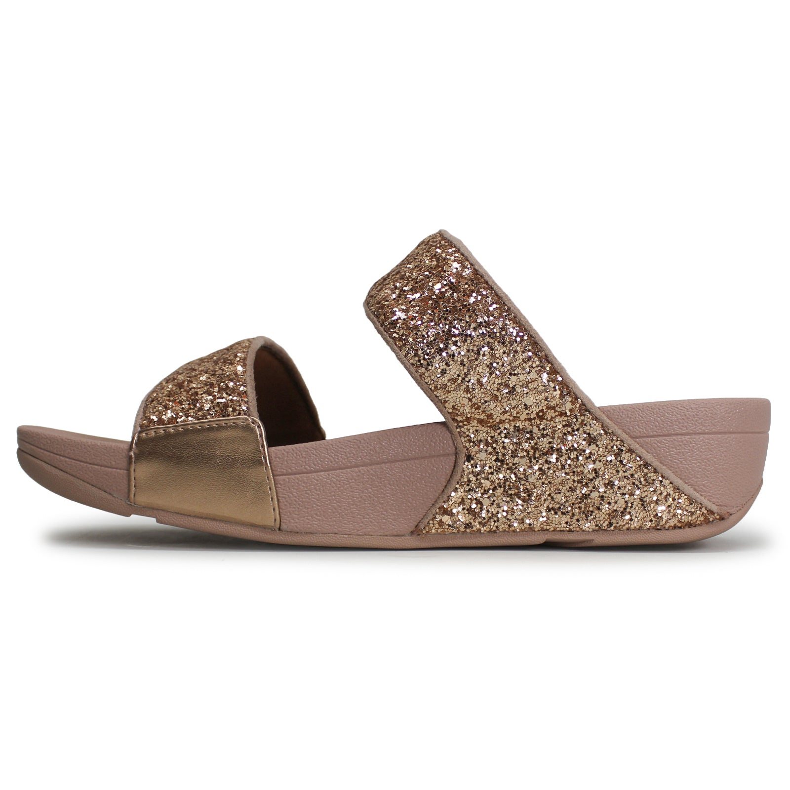 FitFlop Lulu Glitter Slides Synthetic Womens Sandals#color_rose gold