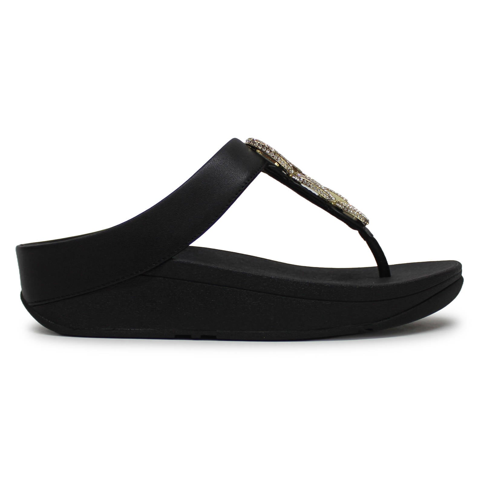 FitFlop Fino Crystal Chain Toe Post Leather Womens Sandals#color_black